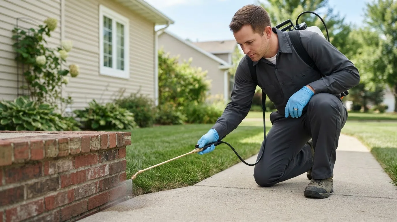 Pest control technician treating a home near Osseo, MI
