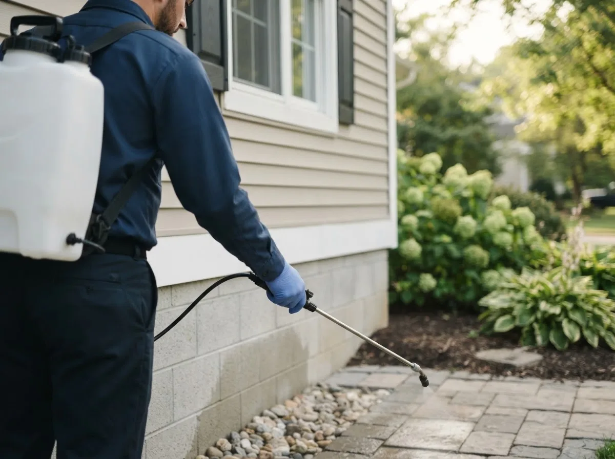 Pest control technician inspecting a home in Osseo, MI